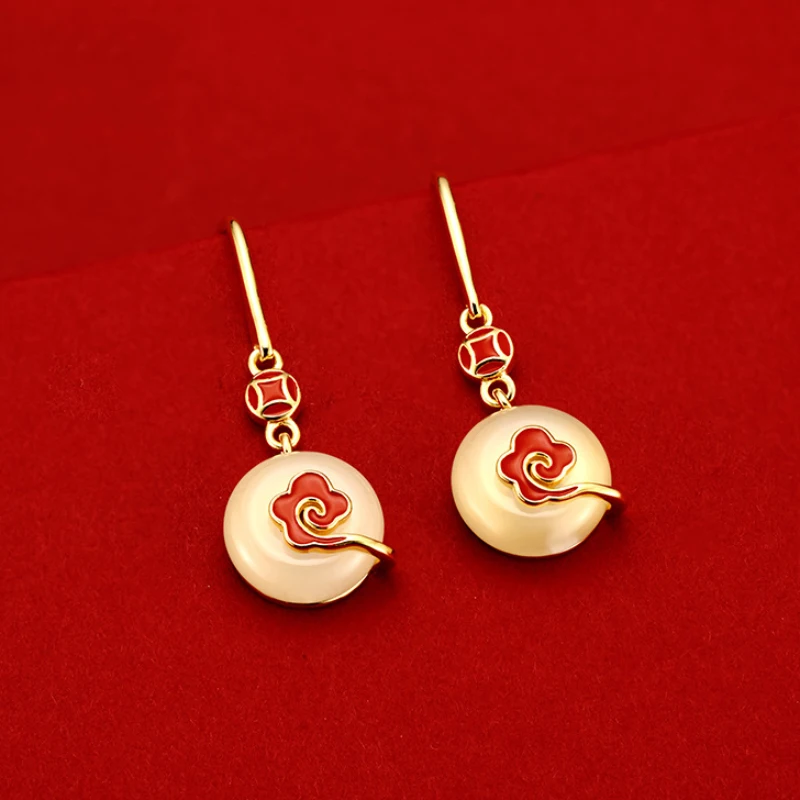 

New in Ancient gold craft enamel auspicious clouds earings for women classic charm high-grade natural chalcedony jewelry