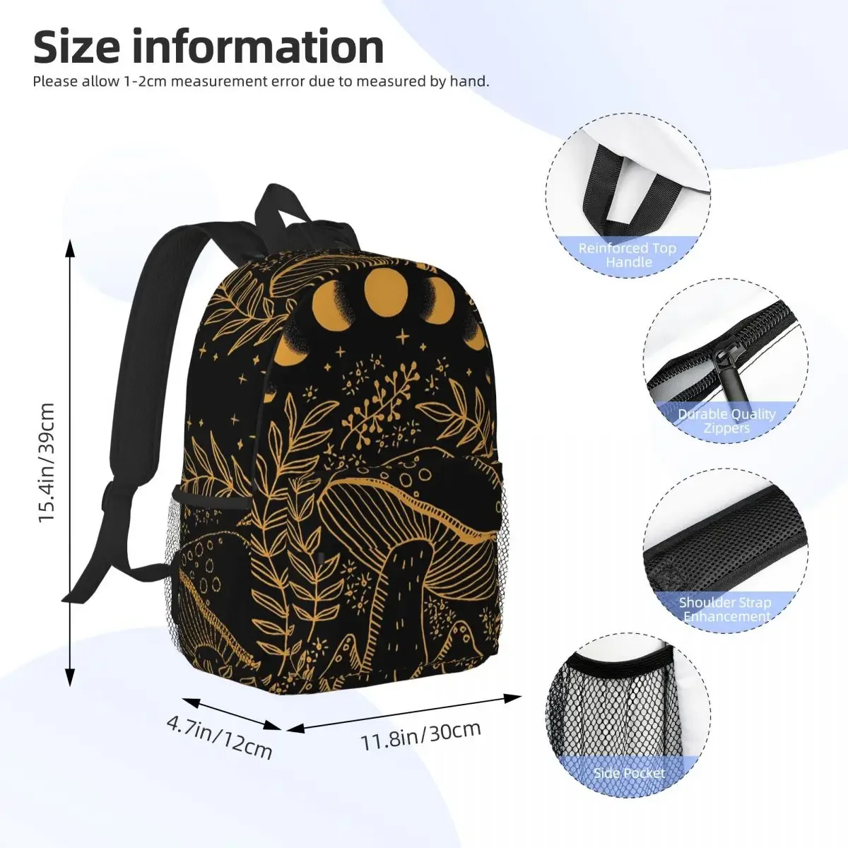 Goblincore Cottagecore Witchy Moon With Fungi Mushroom Phases Backpacks Boys Girls Bookbag Students School Rucksack Shoulder Bag