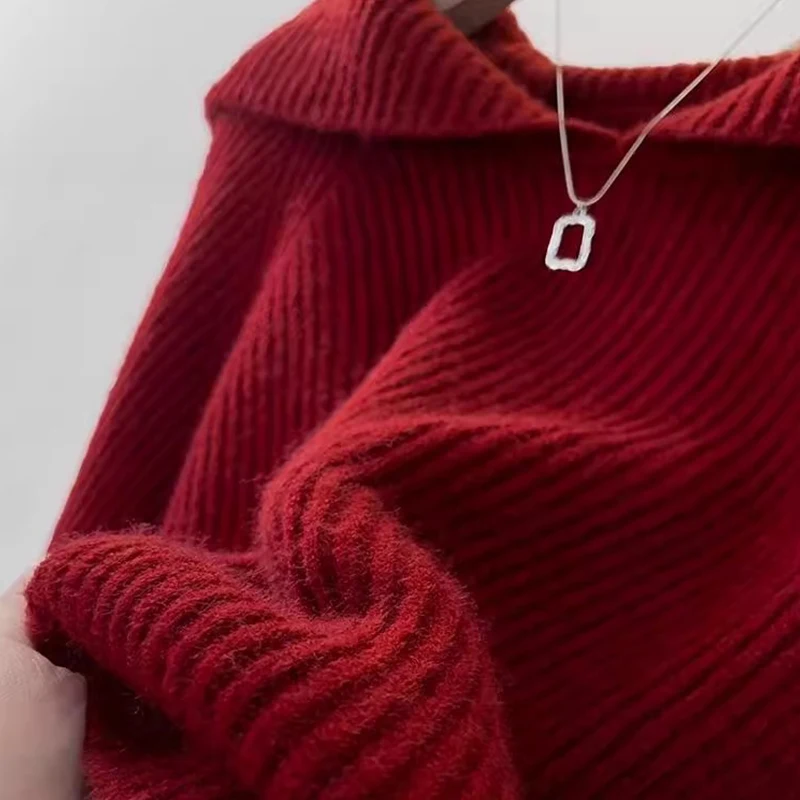 Красный темно-синий свитер с воротником, женский зимний новый Sle Lazy Faion, мягкий уютный вязаный топ, длинный длинный свитер из полиэфирного волокна...