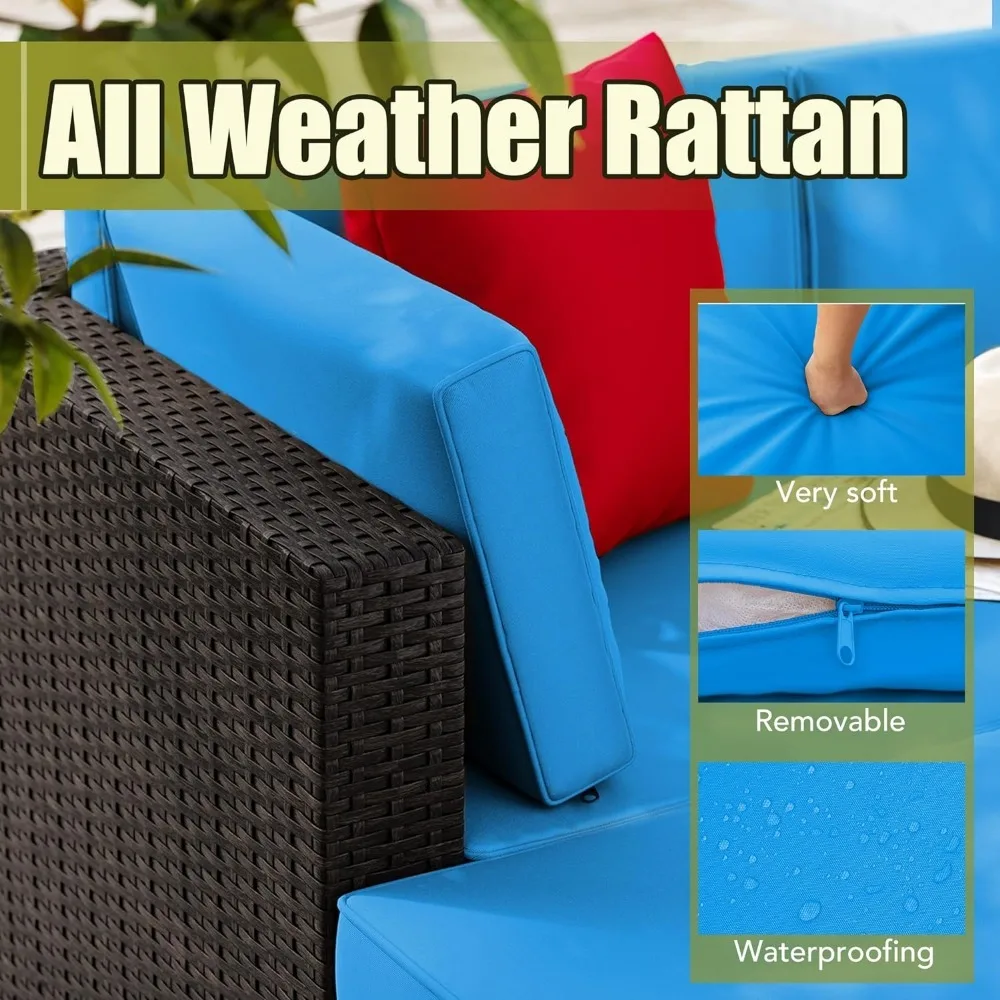 Wicker Rattan Outdoor Móveis, Pátio Conversa Set, Sofá com Almofadas, Travesseiros e Mesa de Vidro, varanda e gramado, 5 PCs