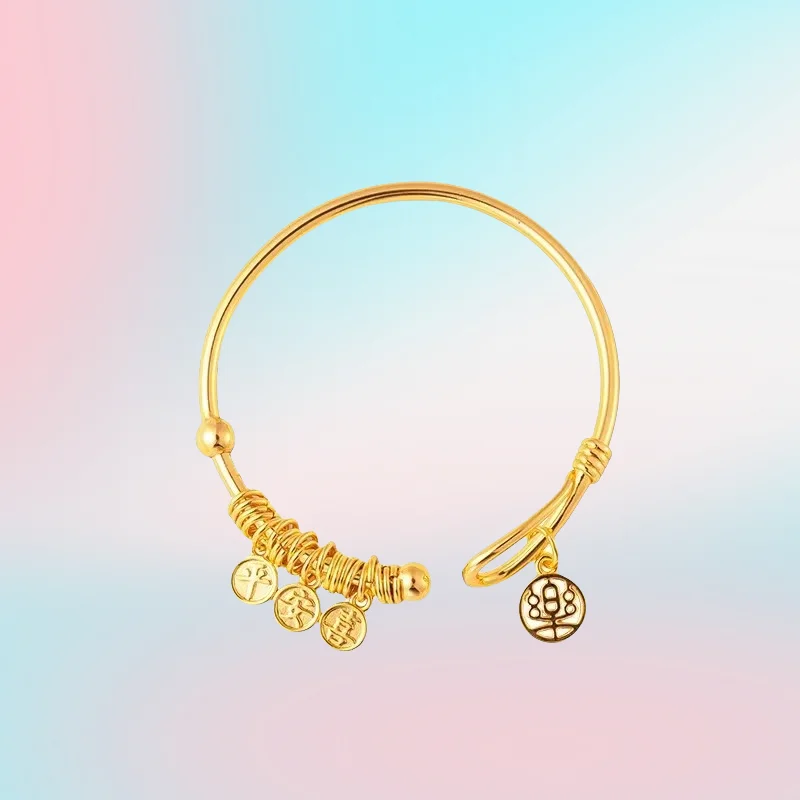 

NEW 9999 Real Gold 24K New Chinese Premium Sense Gold Opening Auspicious Words Peace and Joy Plate Pendant Women's Bracelet