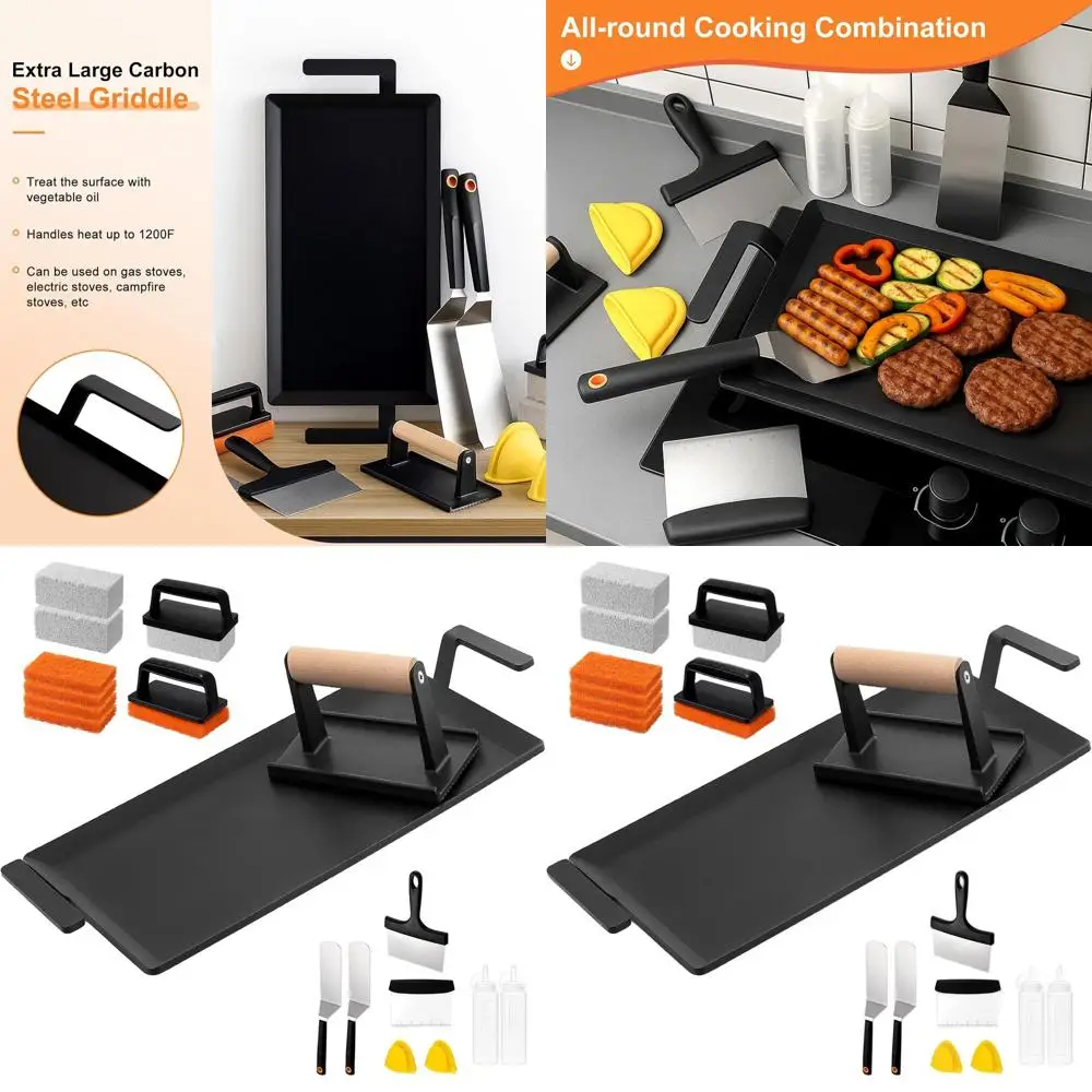 

24 Pre-Seasoned Carbon Steel Griddle with Cleaning Kit & Spatula Set for Gas Grills, Outdoor Cooking Press Included