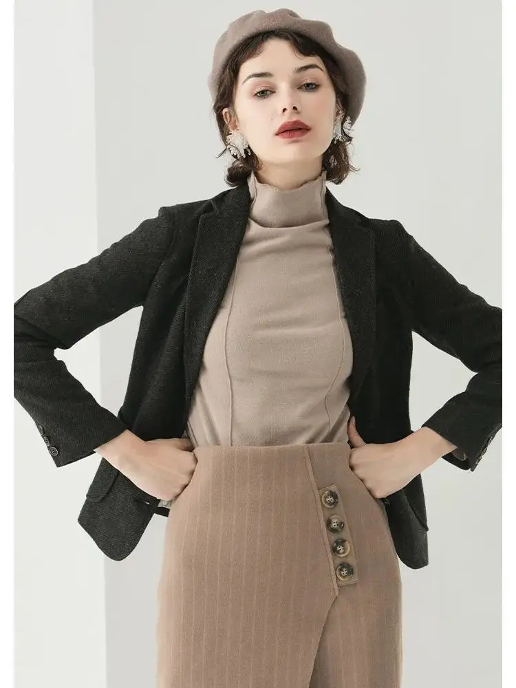 LOUIS YAO Womens Wool Blazer 2023 Autumn Winter Turn-down Collar Single Breasted Suit Office Lady Silm Fit Long Sleeve Jacket