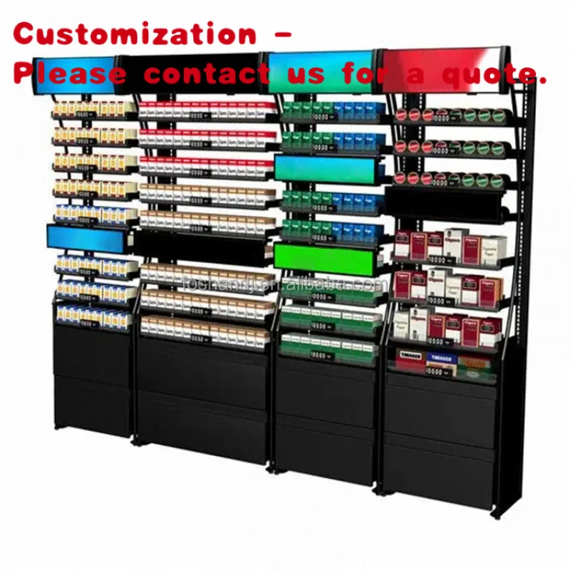 

custom.Store Customized Metallic Smoke Shop Shelves Counter Furniture Cases with Led Light Rack Cabinet Cigar Shelves