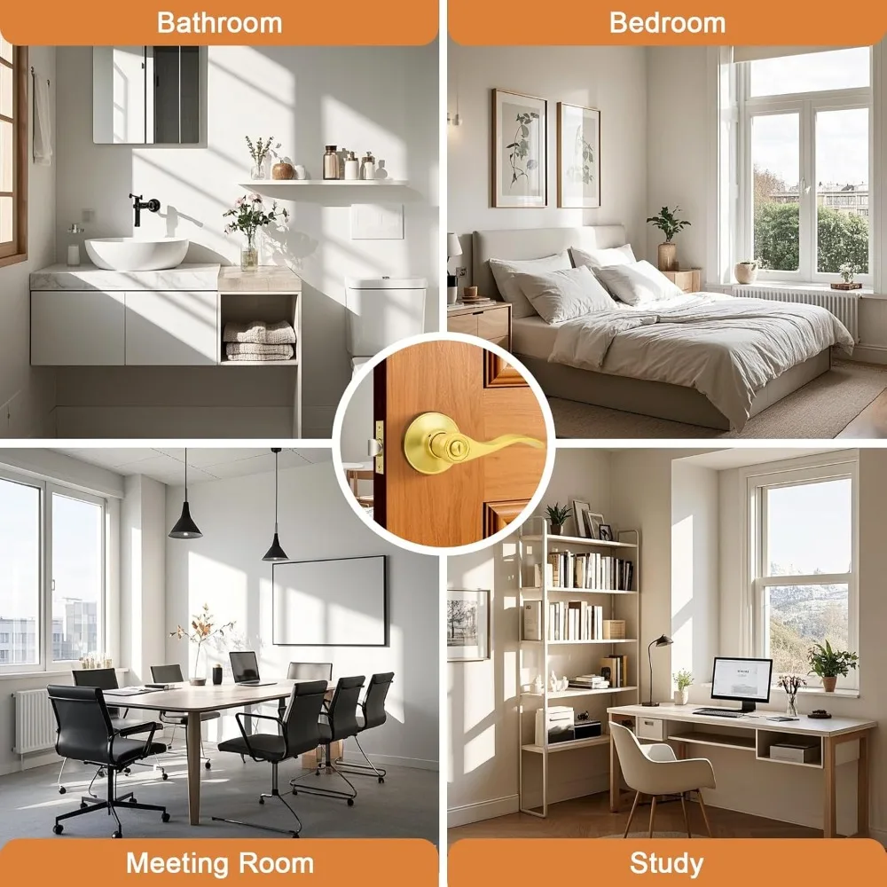 Interior Door Handle Wave Style Privacy Door Lever Gold Bed and Bath Handle Interior Keyless Leverset Lockset, Left/Right Hande