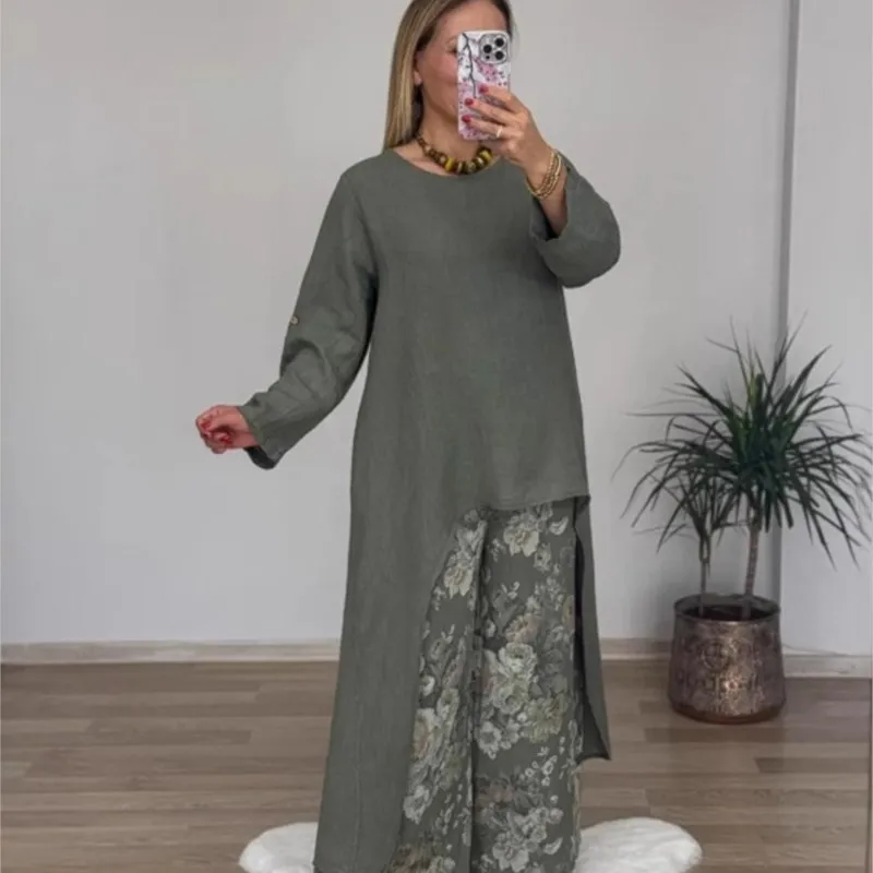 면-린넨 원단 신상 여성 캐주얼 의상 투피스 불규칙 긴팔 크루넥 탑 + 프린트 와이드 팬츠 신상투피스