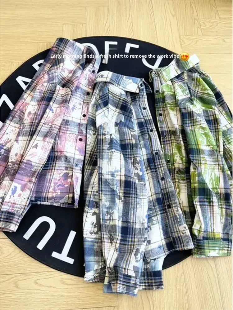 

Мужская окрашенная клетчатая одежда в стиле ретро в американском стиле Long Sve, свободная осенняя новая верхняя одежда для пар, смесь хлопка из полиэстера