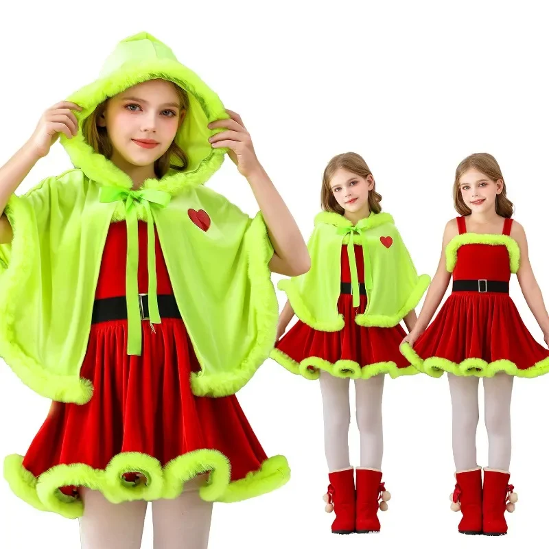 

Hairy Monster Tutu Dress Christmas Dress for Kids with Cloak Santa Claus Cosplay Halloween Carnival Party Green Costume