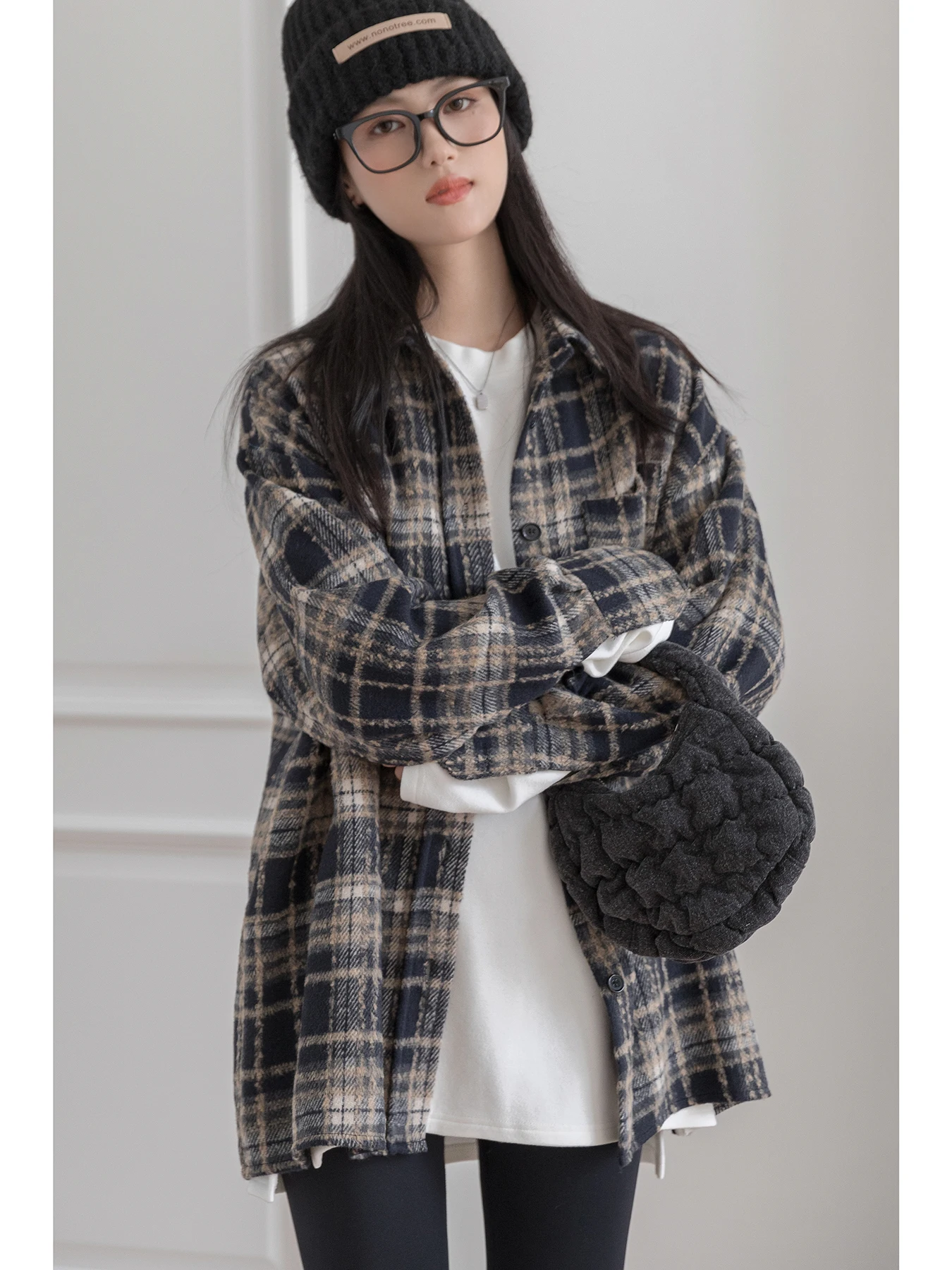 

Thiened Flannel Retro Plaid Women's irt Autumn Winter Loose Lazy Midi Length Outerwear Coat Casual Sle Long Sve Butt...