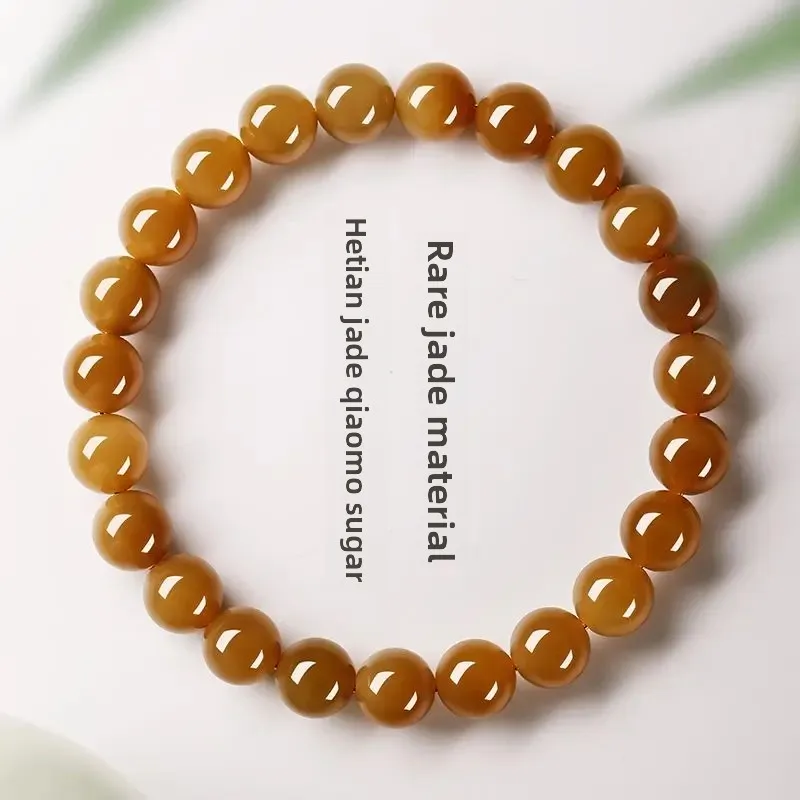 Natural Hetian Jade Yellow Sugar Material Jade Bracelet This Life Year Safe Lucky Xinjiang Single Circle Women's Ins Hand String