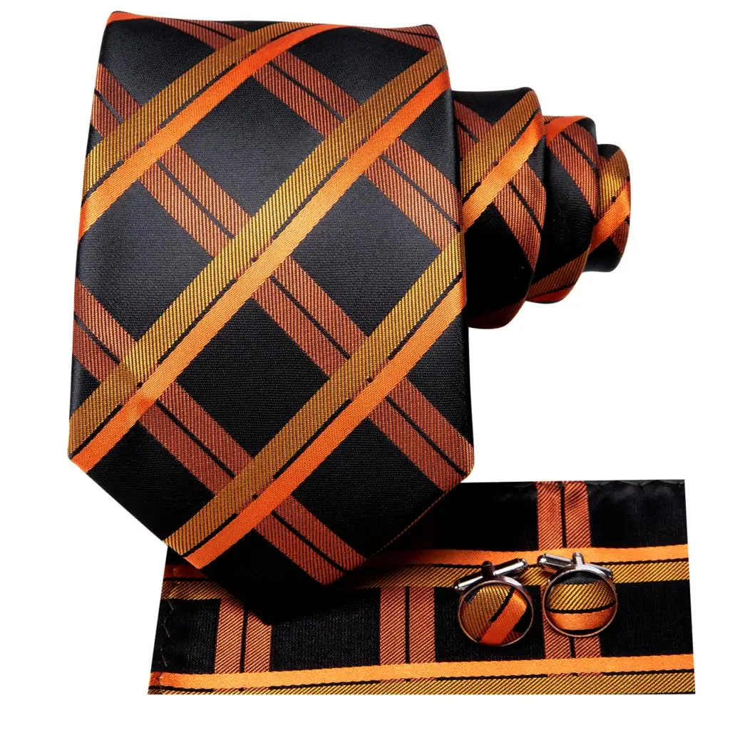 Hi-Tie Men\'s Tie Set Orange Black Paisley Silk Wedding Ties For Men New Fashion Design Quality Hanky Cufflinks Set Dropshipping