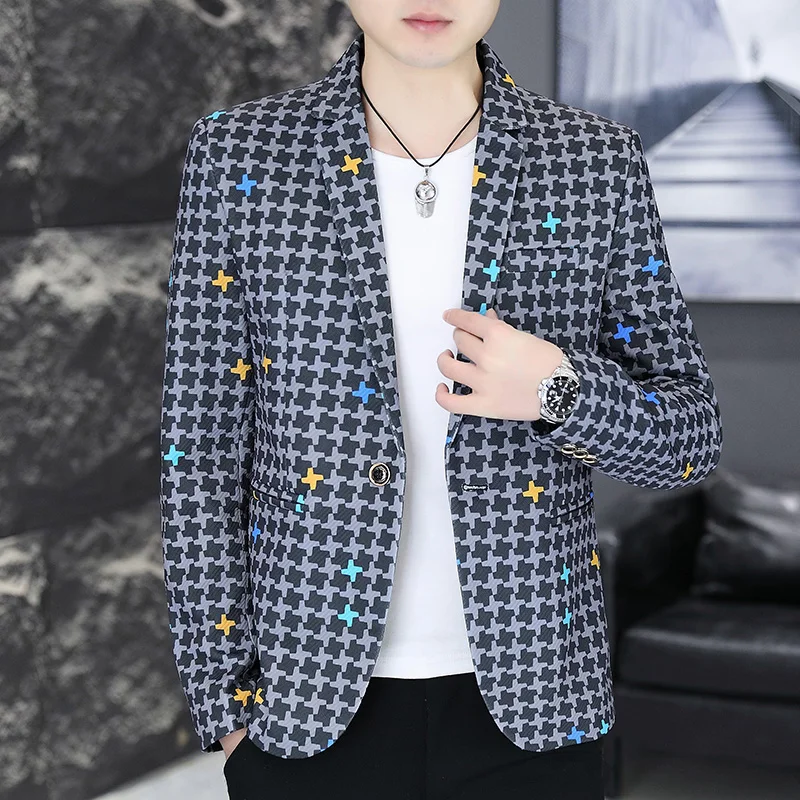 

New Explosive Spring Slim Casual Cross Pattern All Match Fashion Style Comfortable Suit Single Breasted Individual Male Clothing