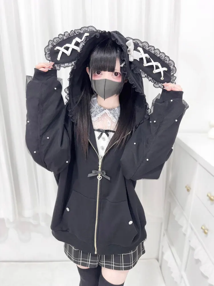 Japanese Sweet Cute Lace Bow Bunny Ear Sweatshirt Women Subculture Kawaii Loose Hooded Jacket Winter Y2k Harajuku Fashion Coat view 2
