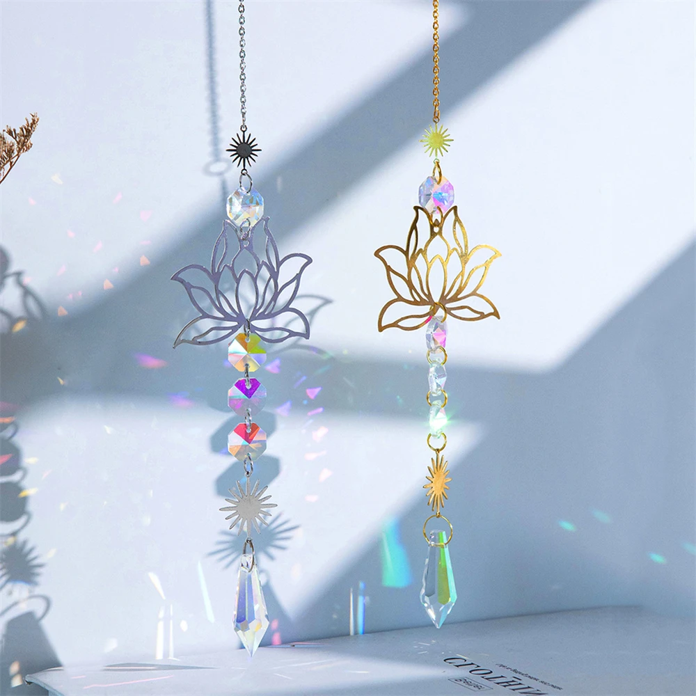 1Pc MetalLotusandArtificial Crystal Suncatcher Charm Handmade Applicable Home Wind Chime Pendant Outdoor Garden Plant Decoration