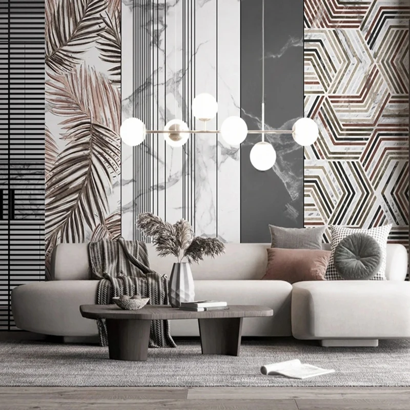 Custom Any Size 3D Photo Mural Marble Plant Leaf Geometric Line Pattern Background Wallpaper Home Interior Decoration Wall Paper