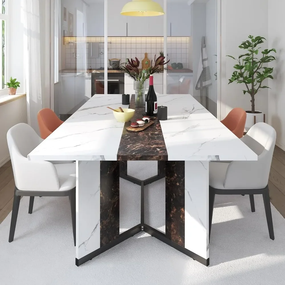 Large rectangular white dining table with 35 marble wood moisture barrier, adjustable legs