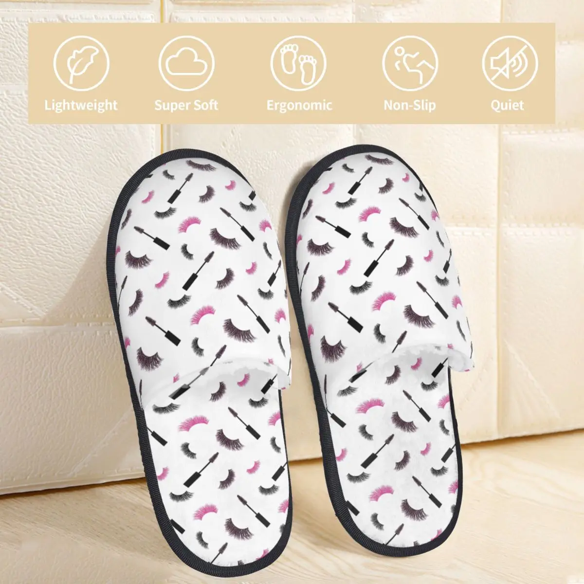 Custom Lashes And Mascara With Pink Glitter Pattern Slippers Memory Foam Warm Soft Women House Slipper Indoor Cozy Shoes - view 3