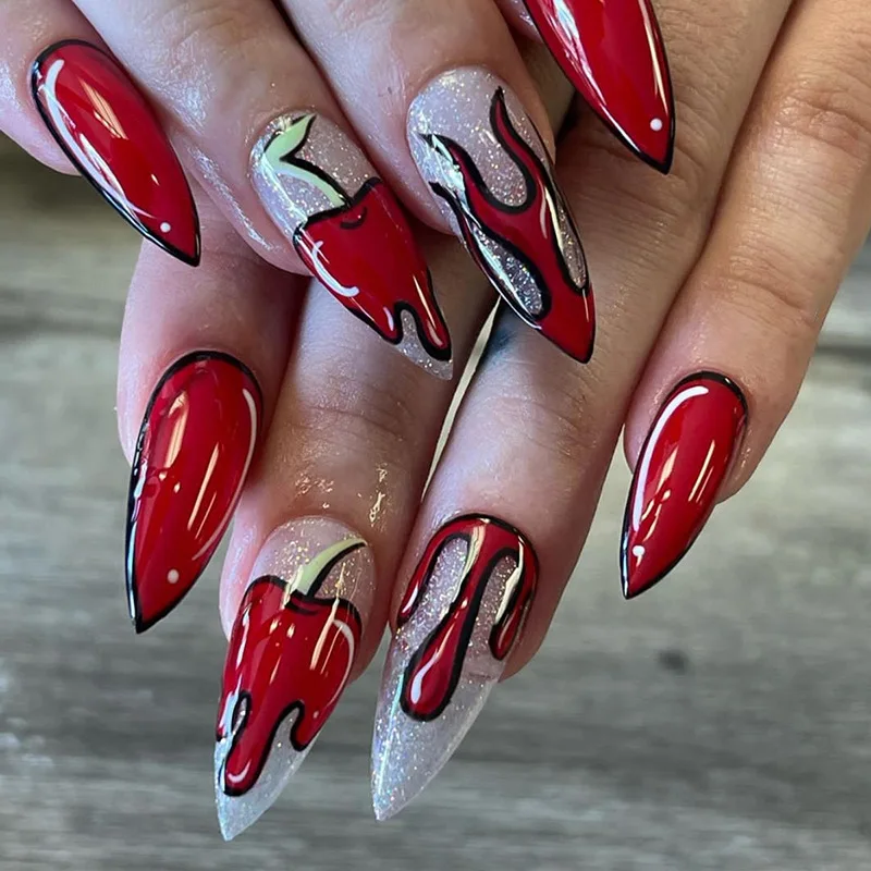 

24pc Anime Candle Japanime Style Nails Blood-Red Halloween Press-Ons Crème Brûlée Texture Almond Shape & Mix Sizes Fake Nails