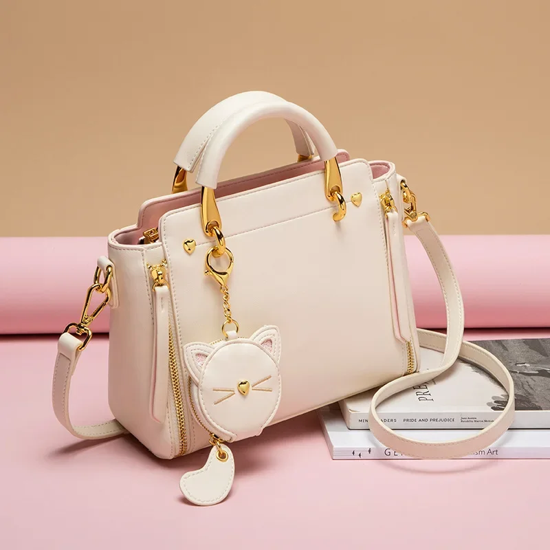 

Exquisite Cat Handbag Leather Bag Solid Color Women's Shoulder Diagonal Straddle Bag 2024 Luxury Designer Female Messenger Bag