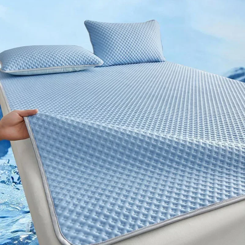 Solid Color Viscose Summer Sleeping Mat Soft and Breathable Single Mattress Topper with Strap Cooling Grid Bed Protection Pad