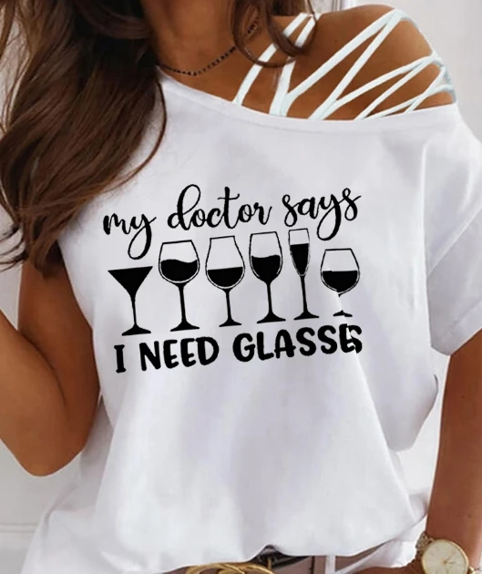 

Women's Niche T-Shirt with Strap and Shoulder Strap, Off Shoulder Hollowed Out Wine Glass, English Printed Fashionable Top