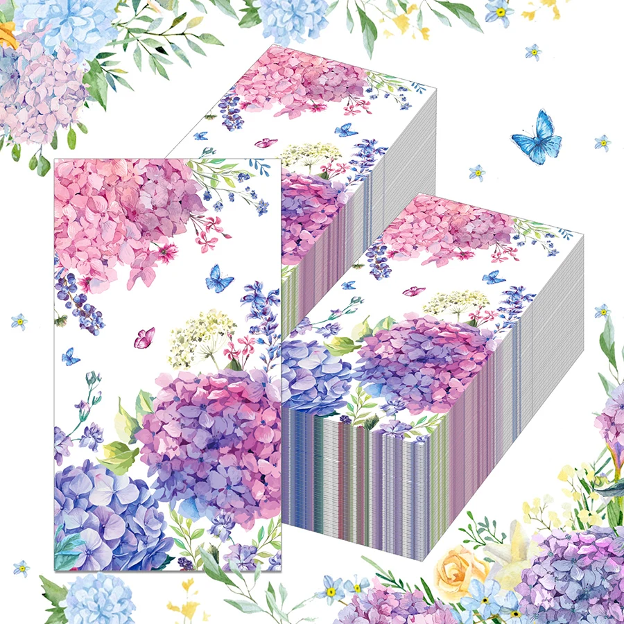 20 serviettes en papier jetables à motif floral d'hortensia violet et de papillon, pour mariage, douche nuptiale, découpage DIY, décoration de table