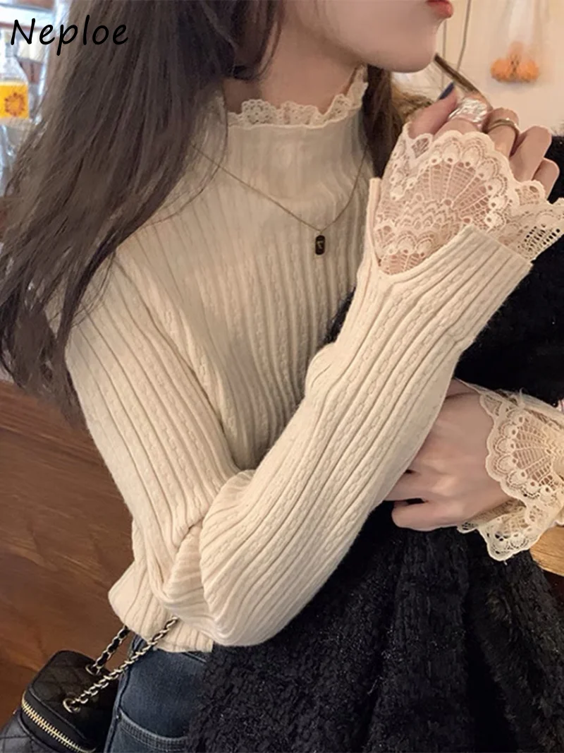 Neploe Stand Neck Lace Patchwork Pull Femme Solid Color Long Sleeve Stripe Sweater Y2k Autumn Winter Women Clothing Jumpers