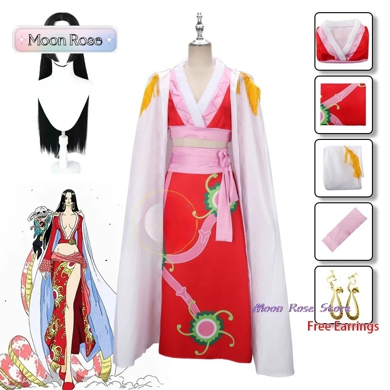 Anime Boa Hancock Cosplay Costumes Sexy Empire Red Kimono Dress Uniform Boa Hancock Wig Earrings Halloween Costumes for Women