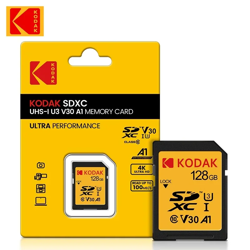 KODAK-Carte mémoire micro SD V30 pour appareil photo, haute vitesse, classe 10, 64 Go, 128 Go, 256 Go, 4K, HD