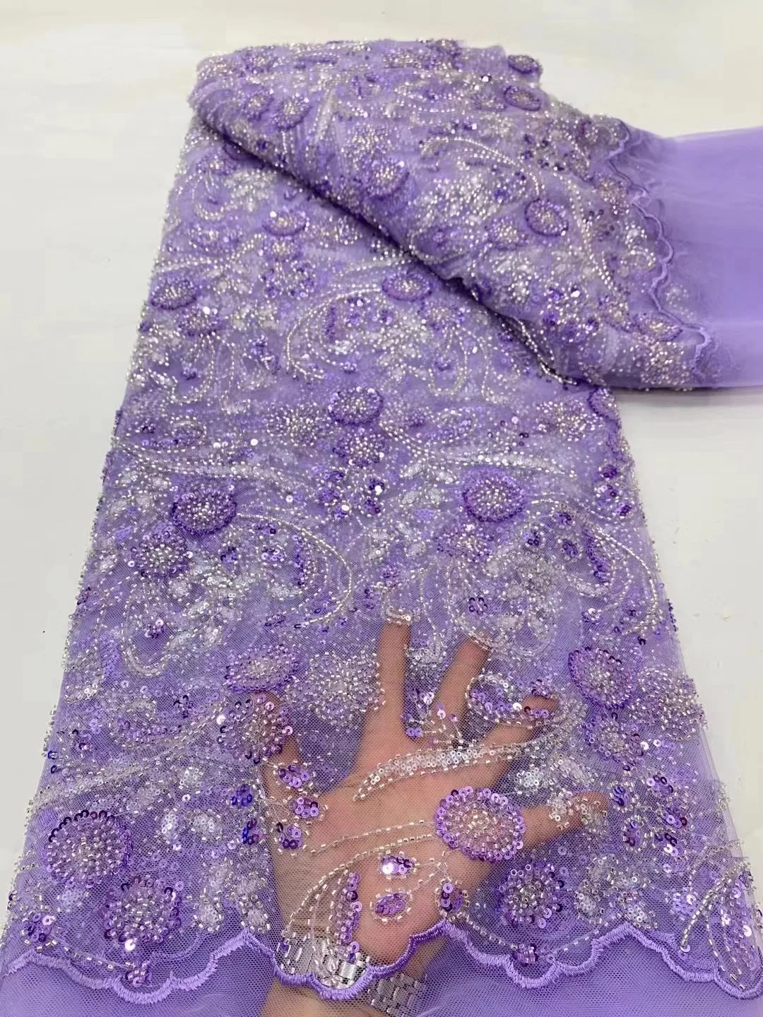 

African Lace Fabric 2024 High Quality Elegant Lace Nigerian Sequins Embroidered French Tulle Beads Lace Fabric For Sewing