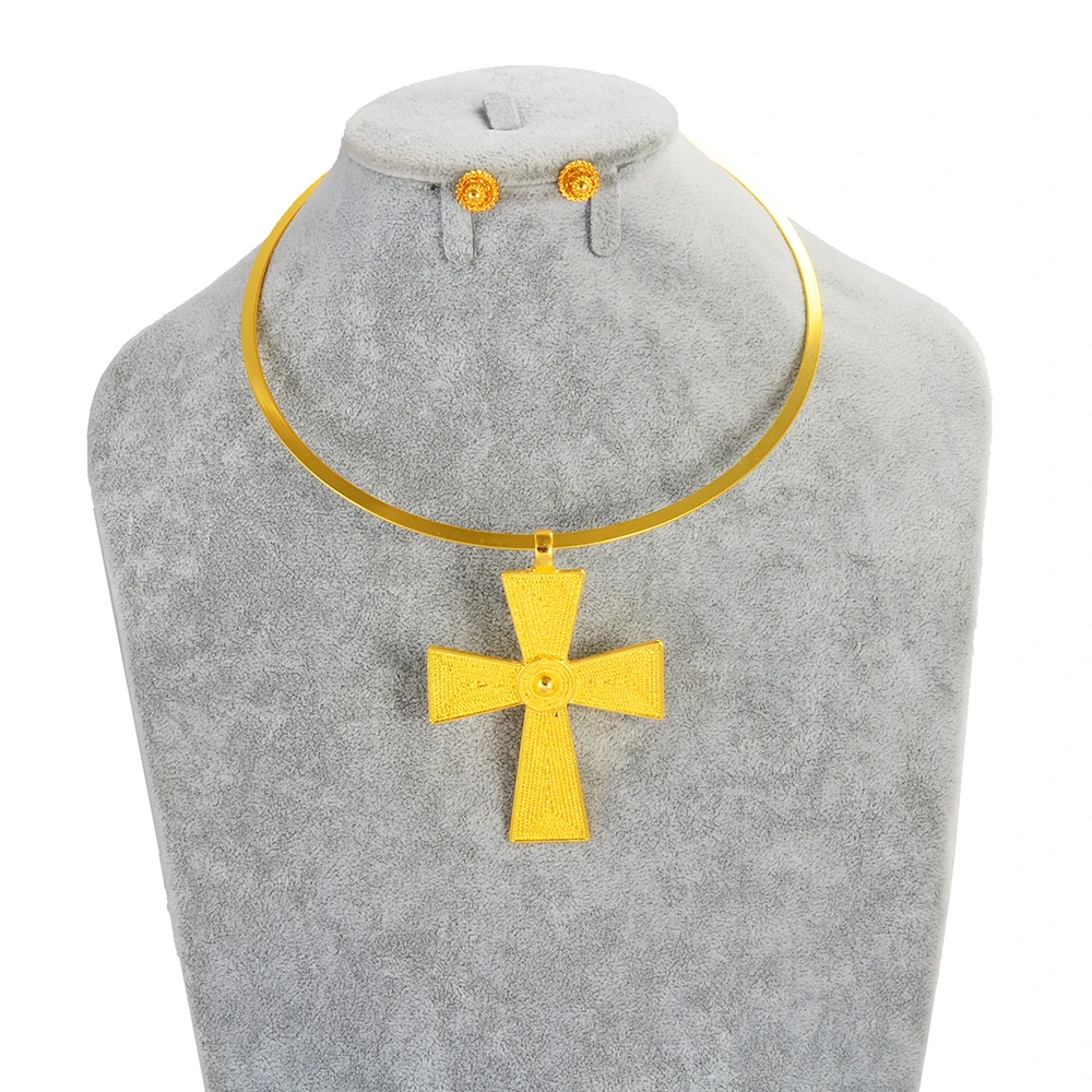 Anniyo Round Collar BIG Cross Pendant and Small Earrings Women Choker Ethiopian Jewelry sets Eritrean African Habesha #332406