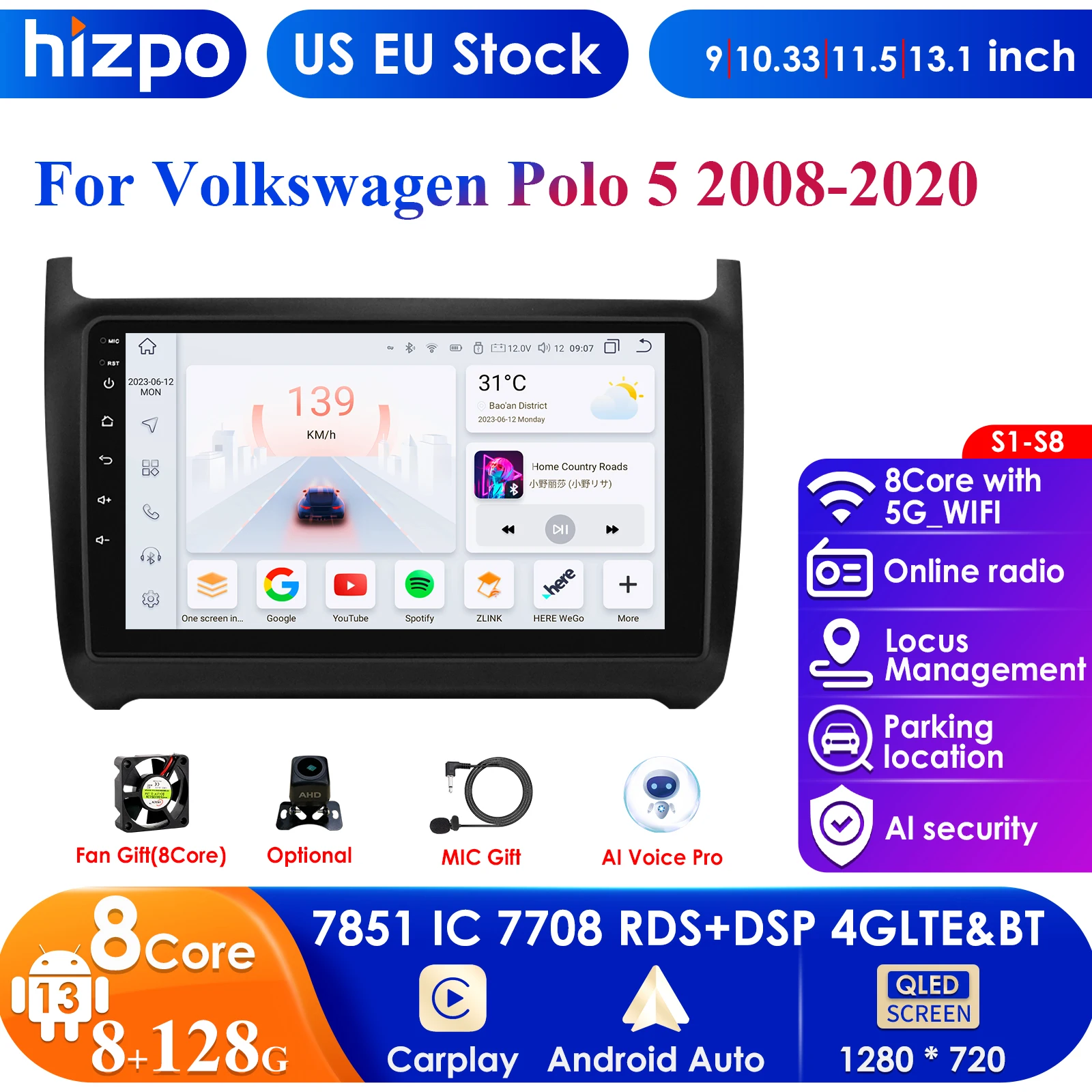 2 Din Android Auto Car Radio for VW Volkswagen POLO 5 Sedan 2008-2020 Multimedia Video Player Carplay 4G GPS Autoradio Head Unit