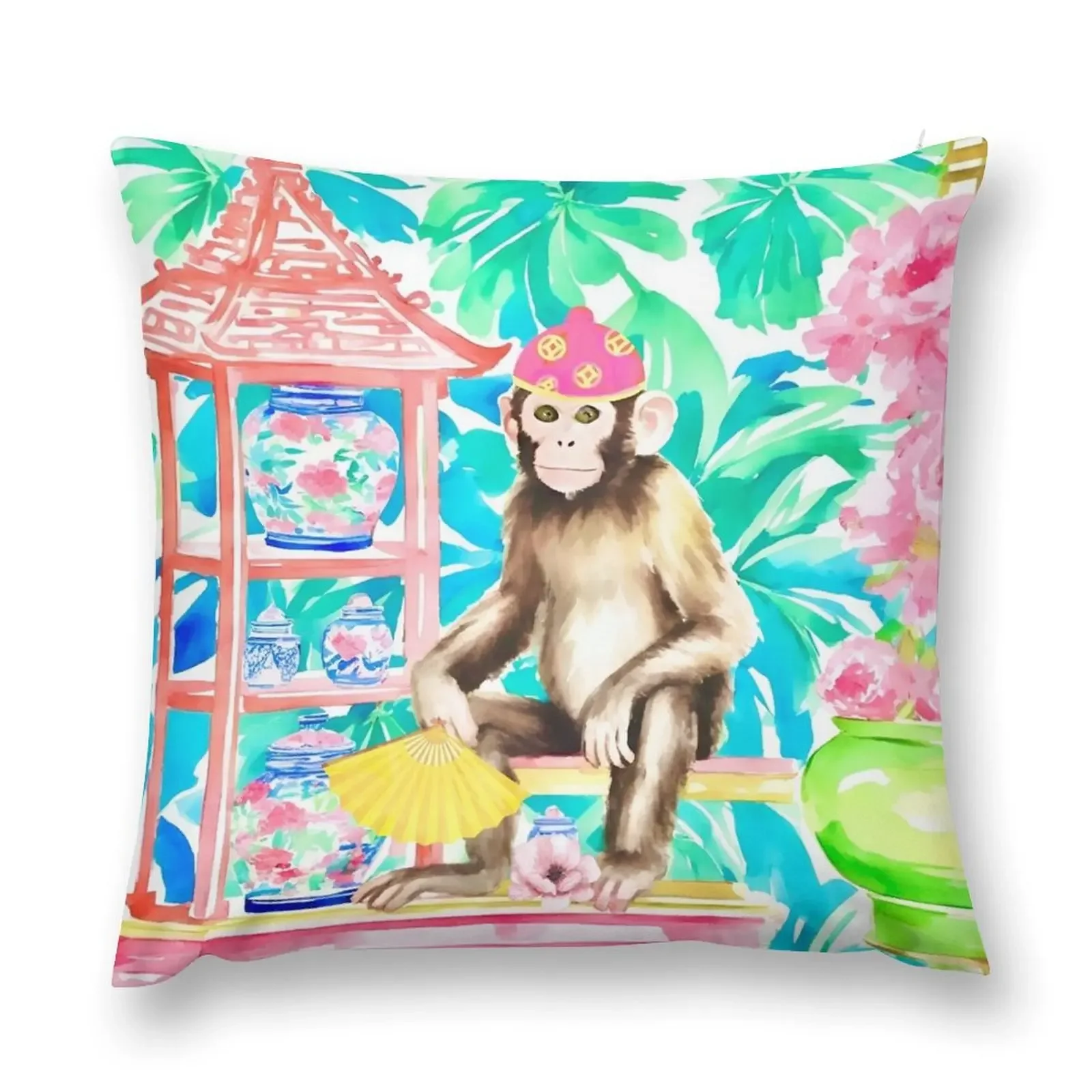 

Preppy monkey with yellow fan in chinoiserie interior Throw Pillow autumn decoration pillow