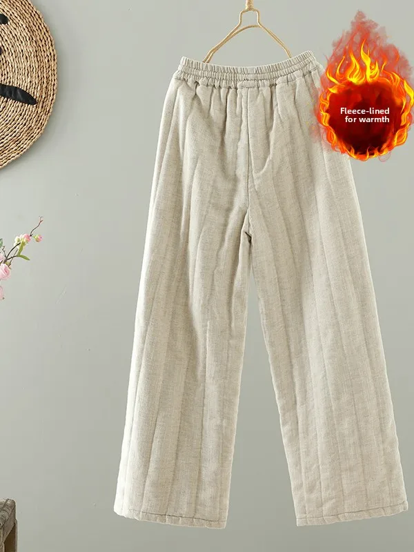 Zimowe, modne, ocieplane lniane spodnie z prostymi nogawkami, sznurkiem, codzienne, dla kobiet plus size, ciepłe i wygodne.