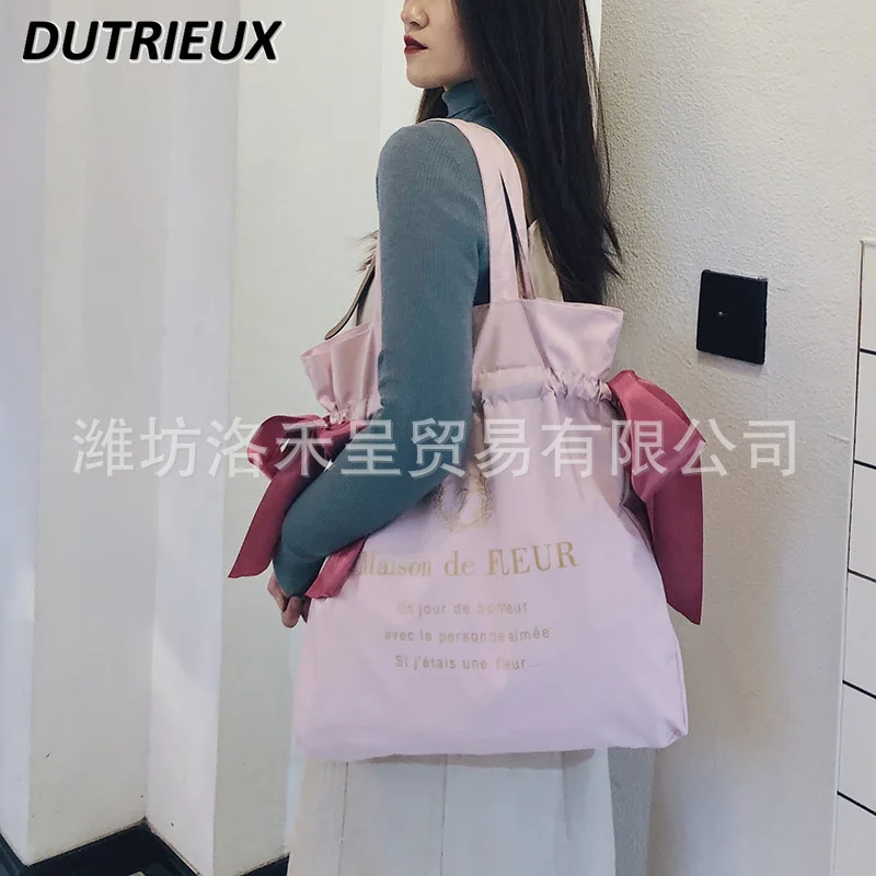 Japanese Handbag for Girls Fashion All-Match Lolita Cute Sweet Pink Bow Shoulder Bags Women Canvas Tote Bag Student