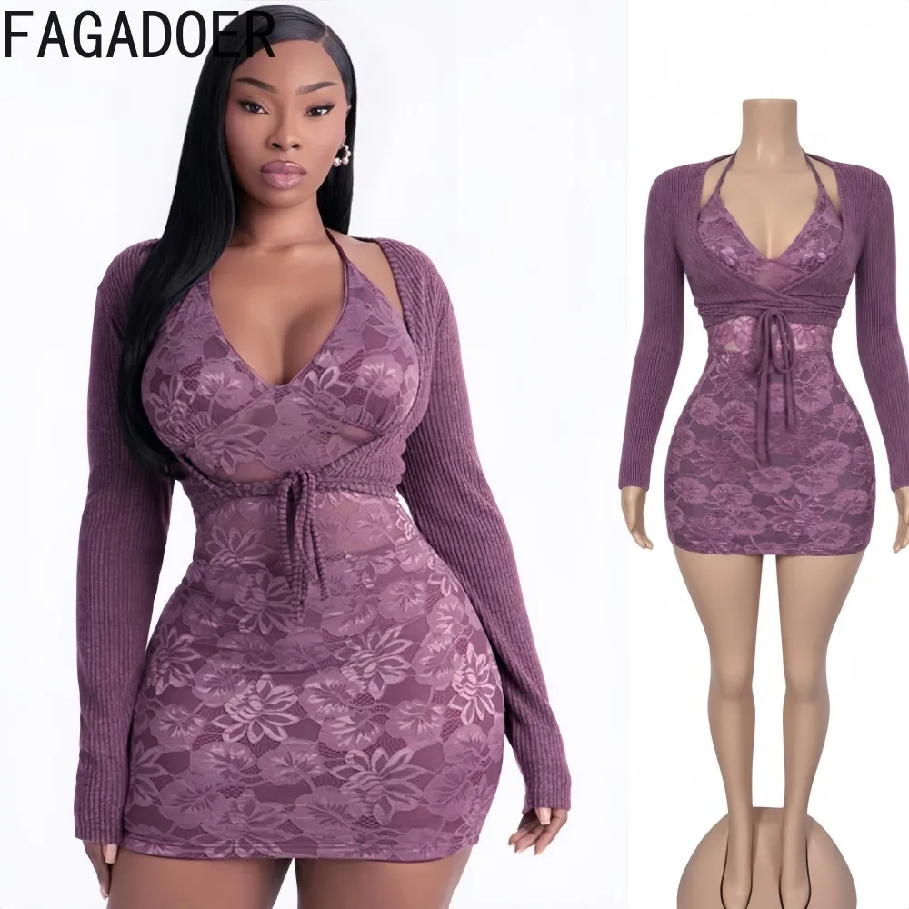 FAGADOER Women Lace Bodycon Mini Dress with Knit Shrug Two Piece Set Halter Neck Long Sleeve  Sexy Party Nightclub Outfit New