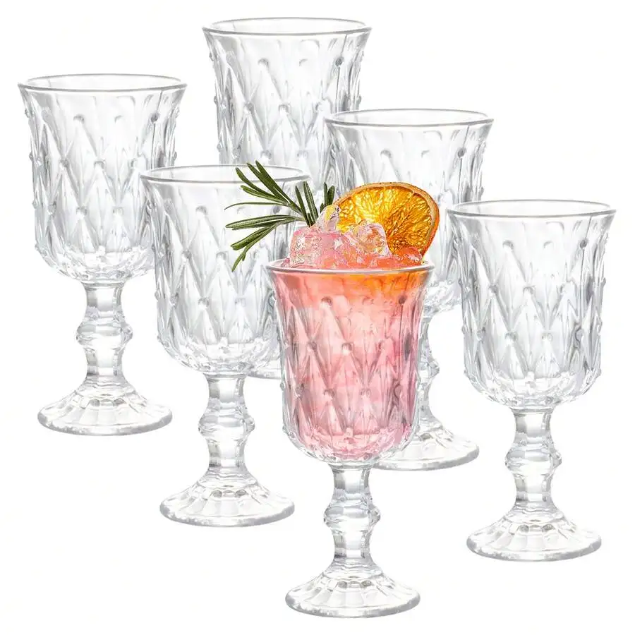 6pack Diamond Drinking Glasses,7Oz Cocktail Glasses , Clear Embossed Boho Glass Cups Kitchen Bar Tumbler Glassware Set For Whisk