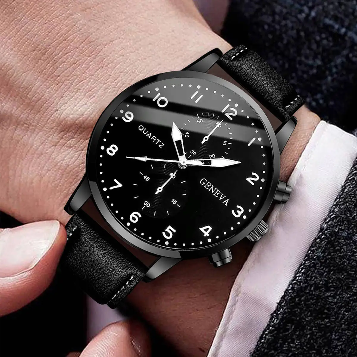2 قطعة مجموعة ساعات رجال الأعمال الموضة حلقة من جلد ساعة كوارتز للرجال ساعة عادية Relogios Masculino (بدون صندوق)
