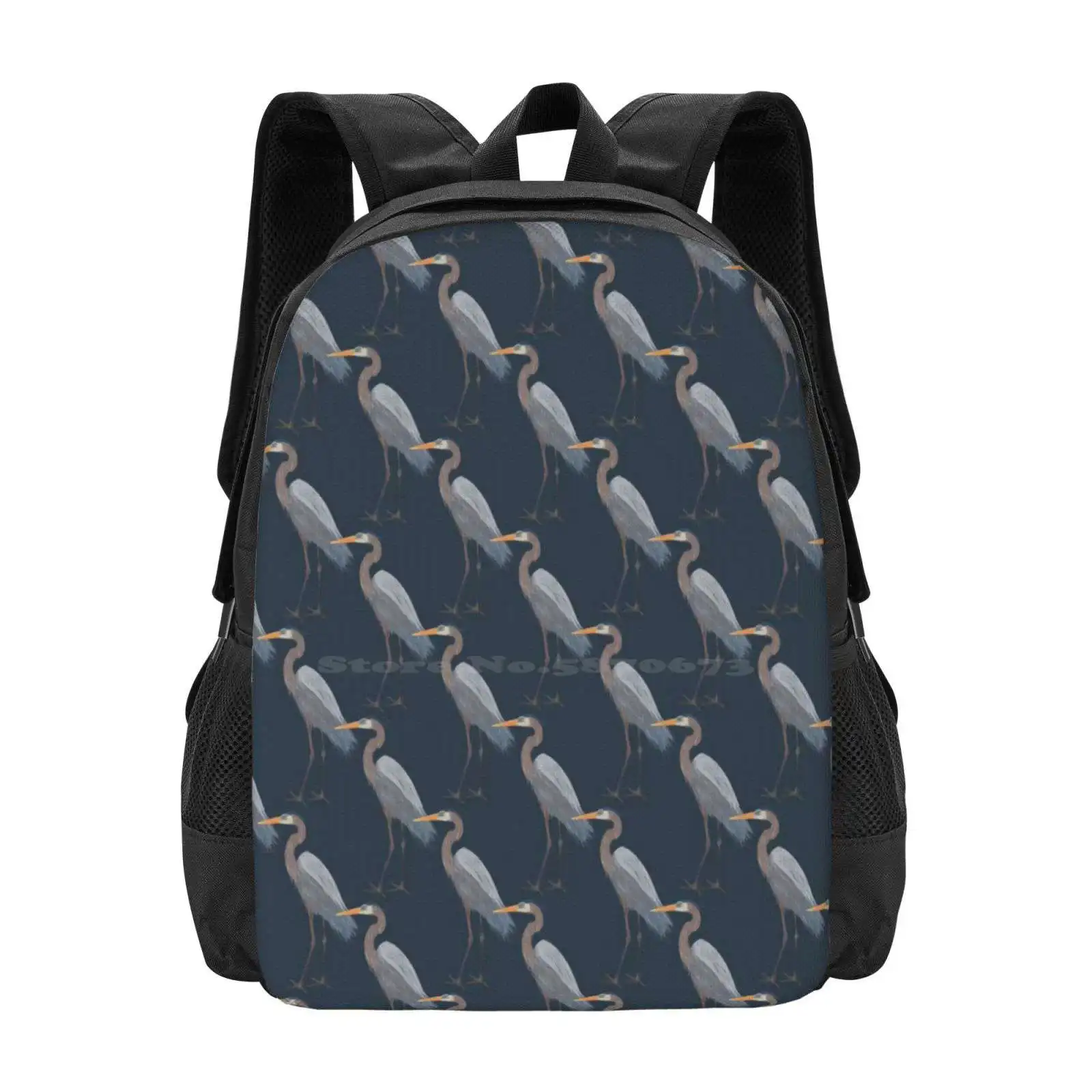 Great Blue Herons Pattern Design Laptop Travel School Bags Navy Great Blue Herons Birds Waterfoul Swamp Florida Digital Drawing