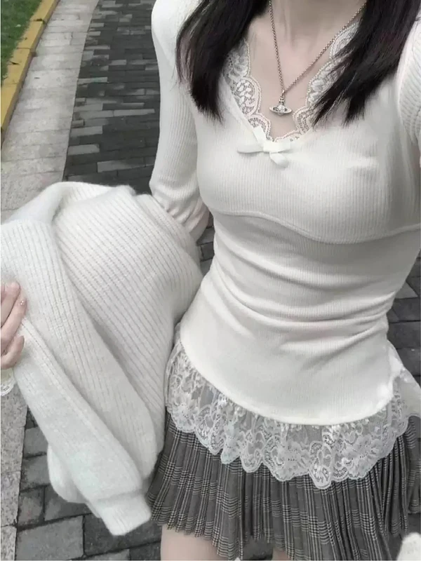 

Женская приталенная футболка с длинным рукавом, с узлом и кружевной отделкой, модный осенне-зимний топ в корейском стиле для повседневной носки