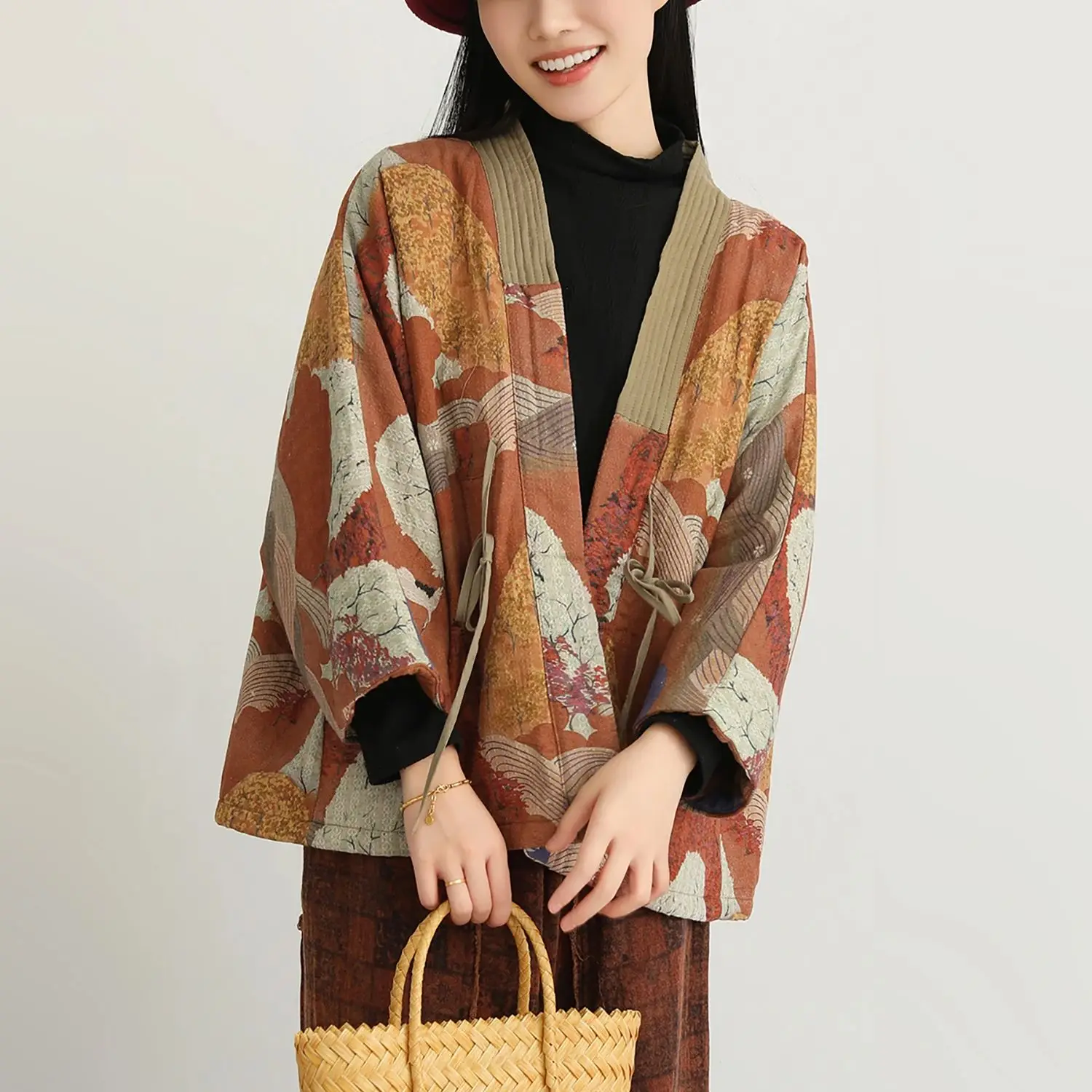 LZJN Women's Autumn/Winter Vintage Literary Print Padded Cotton Coat. Loose-Fit Belted Design with Elegant Tea-Inspired Style