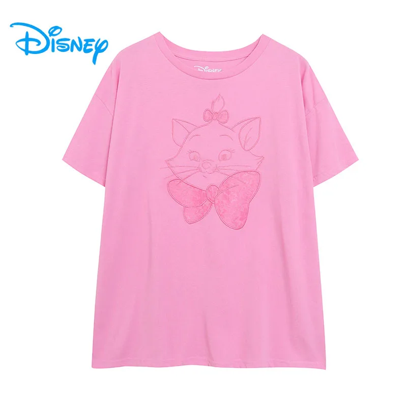 

Футболка с вышивкой Disney Marie Cat и круглым вырезом, женская повседневная свободная футболка, топ с коротким рукавом, футболка с героями мультфильмов, женская летняя уличная одежда Femme