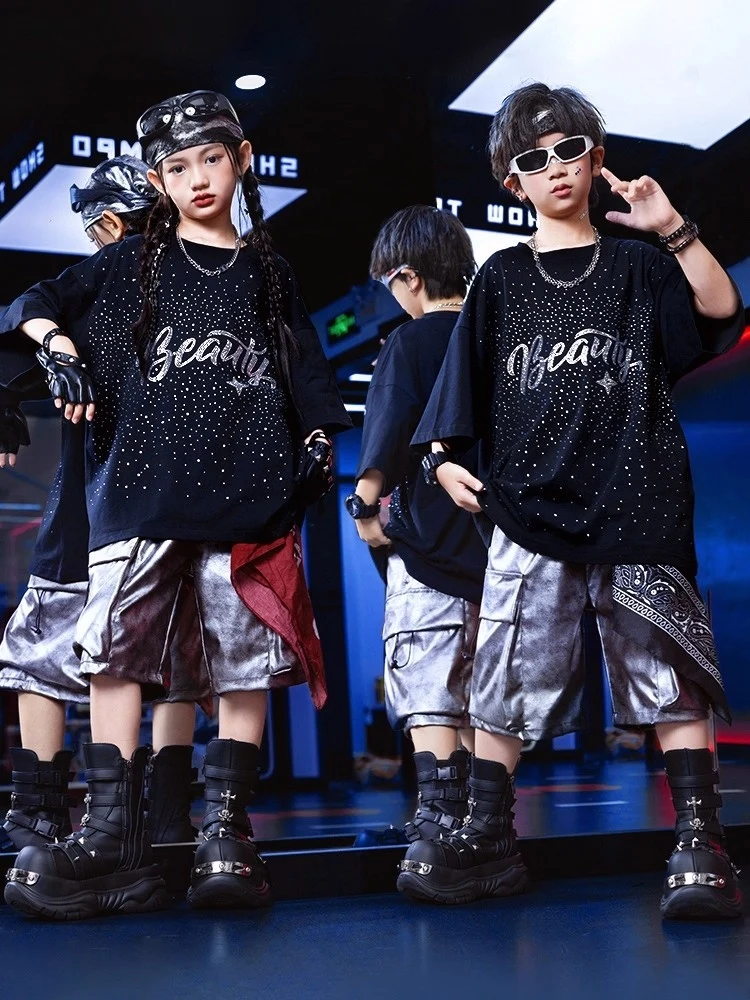

Kids Boys Hip Hop Dance Outfits Sequin Black T Shirt Silver Shorts Summer Girls Drum Locking Jazz Performance Costumes BL16454