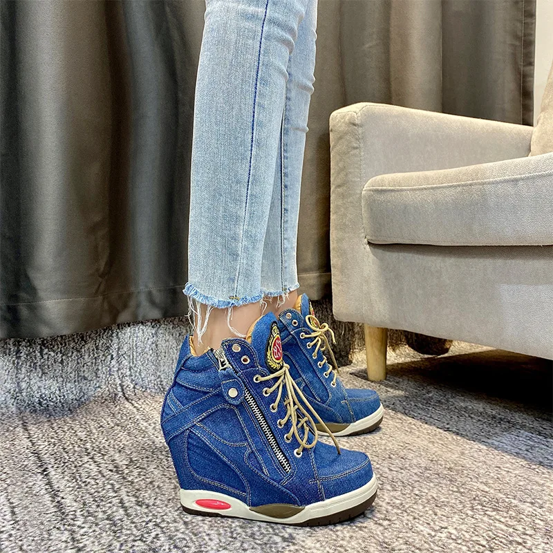 Big Size Women\'s Denim Wedges Sneakers Autumn Platform Casual Fashion Ladies Side Zipper Vulcanized Shoe Thick Bottom High Heel