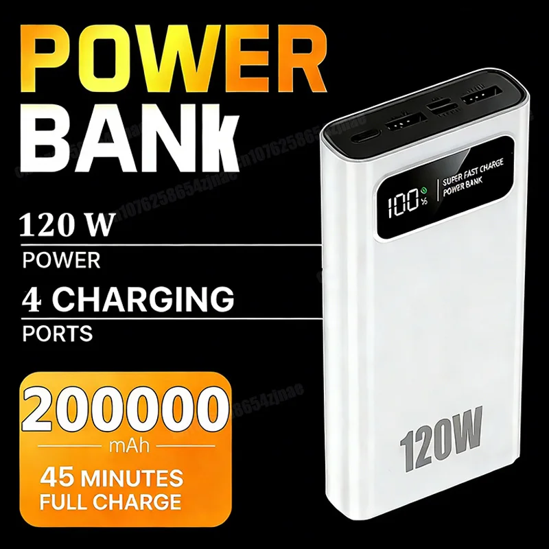 Banco de energía de alta capacidad con carga súper rápida, 200000mAh, 120W, pantalla Digital, para Iphone, Samsung, Huawei, Xiaomi