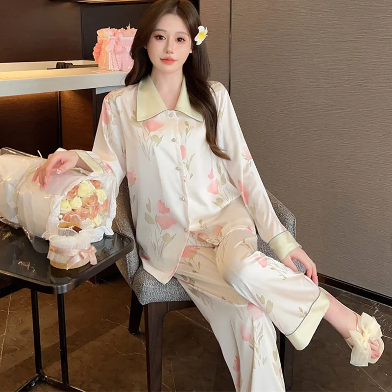 

Two Piece Pajamas Set Women Rayon Sleepwear Home Clothes Long Sleeve Nightwear Spring Print Shirt&pant Print Pyjamas Suit