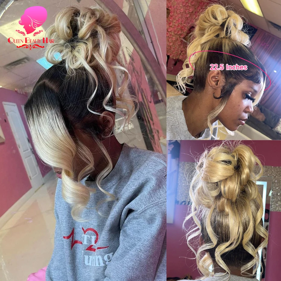 13x6 Full Lace Frontal Perücke aus Echthaar, 1B 613 Ombre Blonde Perücke mit dunklen Ansätzen, peruanische Body Wave Lace Front Echthaarperücken für Frauen – Detail 4