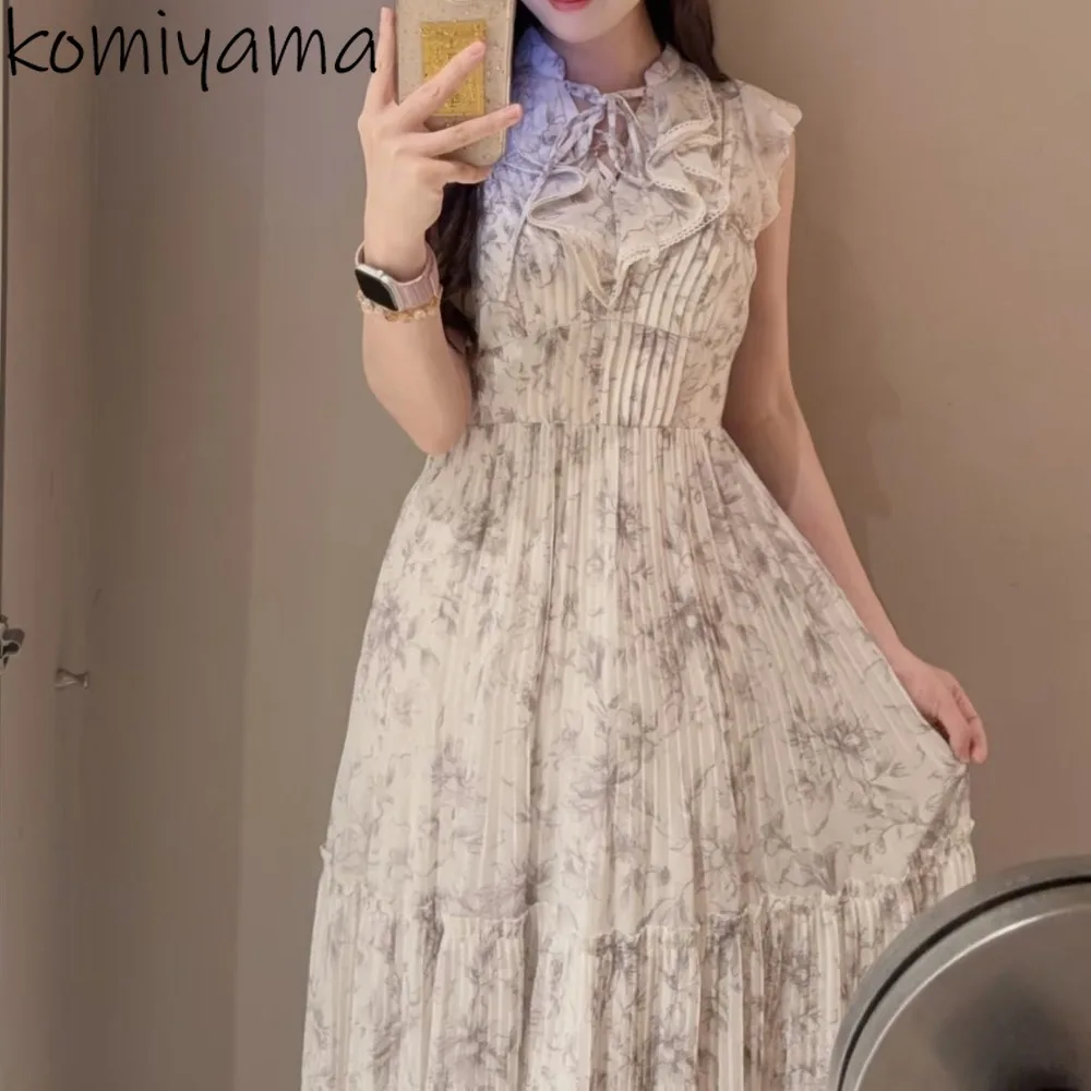 

Japan Sweet Print Woman Dress Pleated Flying Sleeve Vestidos Summer 2025 V-neck Dresses Ruffles Lace-up Robe Tunic Ropa Mujer