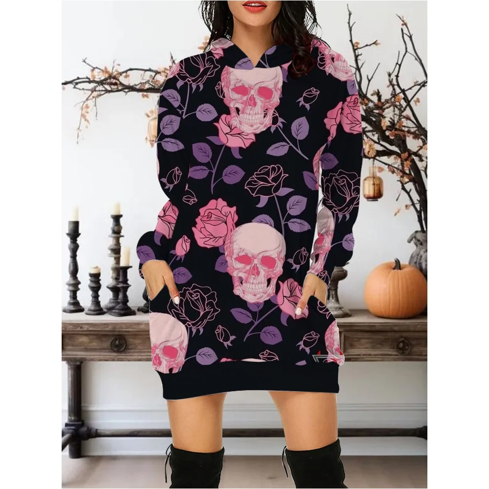 2024 New In Autumn Women Hoodies&Sweatshirts Dress Gothic Skull And Rose All Saints\' Day Clothes oversize Hoodie Short Dress