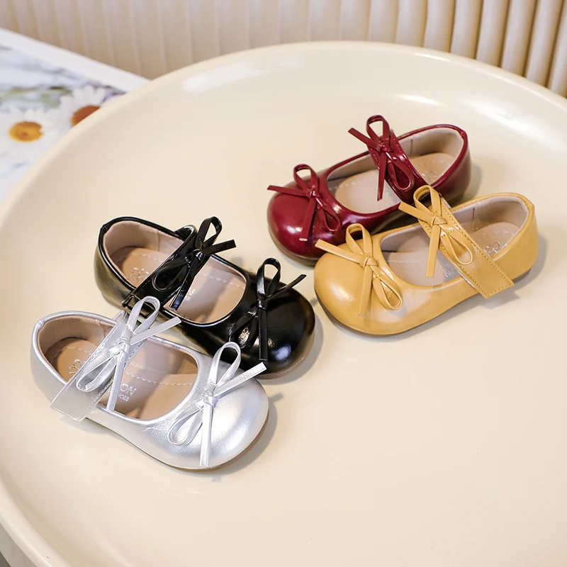 

Girls Leather Shoes Soild Color Round Toes Kids Flats Performance Shoes Double Bowtie Girls Shallow Mouth Mary Jane Shoes